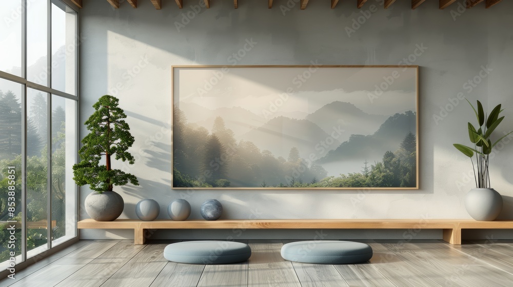 Poster modern minimalist wall shelf with a landscape format frame print placed on it, the wall is inside a 