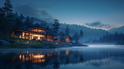 Fototapeta premium Beautiful lake house at dusk. Foggy mountain view. Misty morning landscape. Cottage in the woods. Forest rural vacation cabin home.