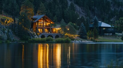 Naklejka premium Beautiful lake house at dusk. Foggy mountain view. Misty morning landscape. Cottage in the woods. Forest rural vacation cabin home.