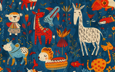 A colorful and lively scene of various animals, including a giraffe, a dog