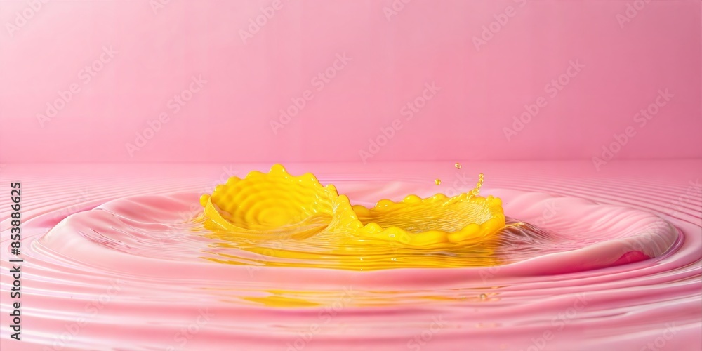 Poster an abstract image capturing a yellow splash on a pink background, creating a striking visual contras