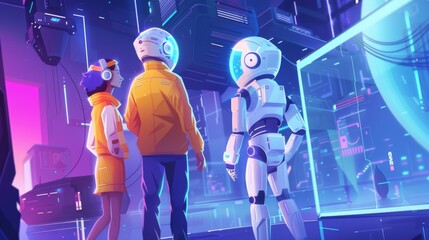 Futuristic scene with people and robot exploring technology
