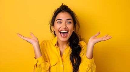Cheerful young woman with arms raised in excitement on yellow background