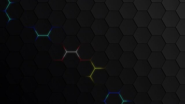 Hexagons pattern on a black background. Colored honeycombs on a dark gradient. Geometric digital shape. Vector linear structure of a wasp's nest. Black wall neon electret lines.