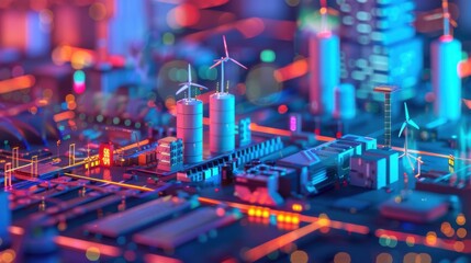 Obraz premium Futuristic city model with neon lights, showcasing renewable energy sources and advanced urban planning.