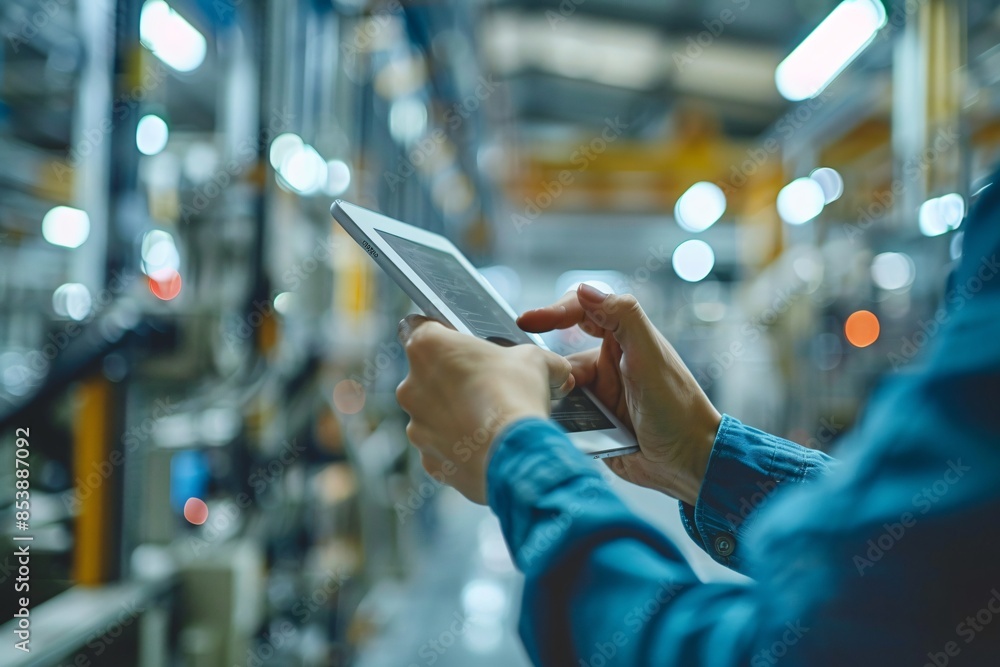 Poster a person displaying digital device in storage area