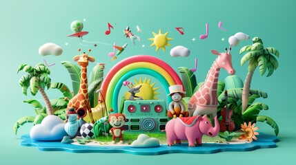 Naklejka premium Music festival graphics, fun music concept, all kinds of animals and monsters playing music and enjoying the music.