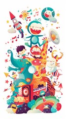 Music festival graphics, fun music concept, all kinds of animals and monsters playing music and enjoying the music.