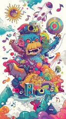 Music festival graphics, fun music concept, all kinds of animals and monsters playing music and enjoying the music.