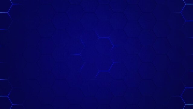 Pattern of hexagons on a blue background. Symmetrical honeycomb structure on a digital gradient. Energetic pulse of circular neon color. Geometric digital shape. Vector linear structure 
