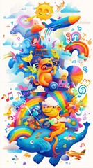 Fototapeta premium Music festival graphics, fun music concept, all kinds of animals and monsters playing music and enjoying the music.