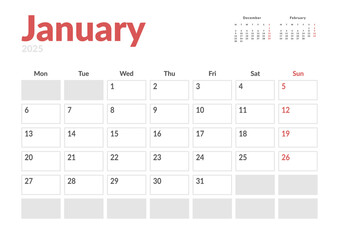 Monthly page Calendar Planner Template of January 2025. Vector layout of calendar with week start Monday for Scheduling. Page for size A4 or 21x29.7 cm