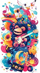 Music festival graphics, fun music concept, all kinds of animals and monsters playing music and enjoying the music.