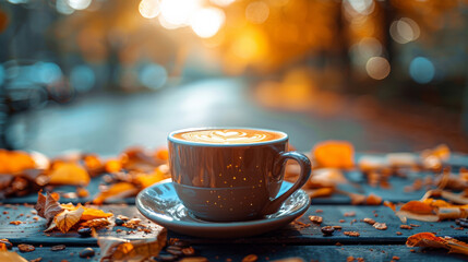 Obraz premium A cup of coffee in neutral tones against a golden autumn background. focus on coffee cup