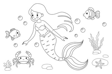 Mermaid coloring page for children. Vector illustration in doodle style isolated on white background.