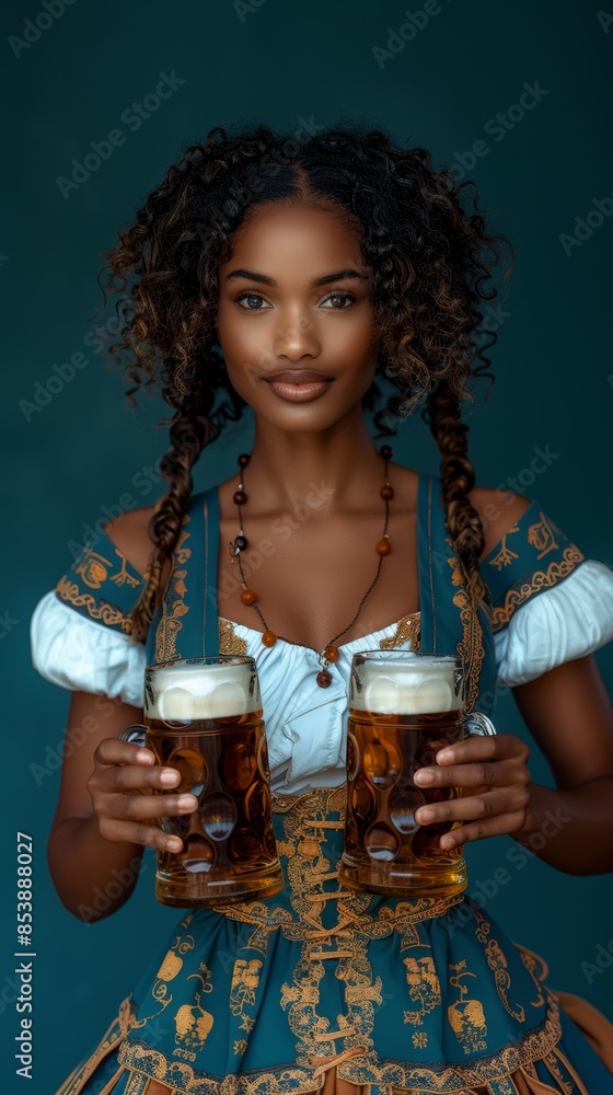 Sticker an attractive black woman wearing traditional Bavarian dress with a blue and gold bodice over a white blouse holding two large mugs full of beer at a Octoberfest in Germany on blue background. 