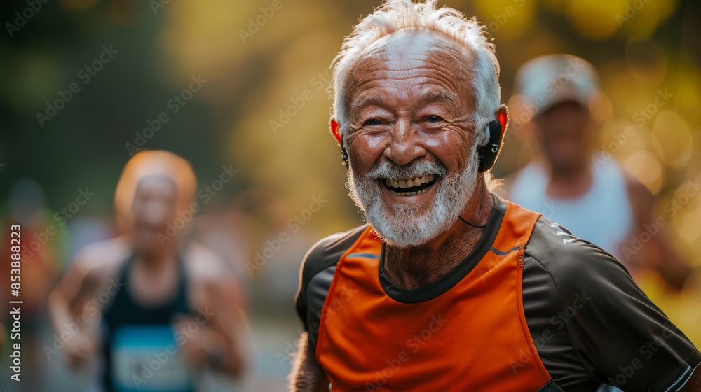 Poster  old man around 60 years old running in a marathon summer, happy face