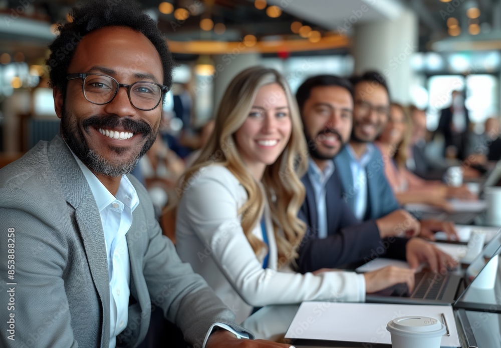 Poster  Diverse business team smiling at camera while working on laptop in conference room. 