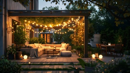 Obraz premium Beautiful summer night patio with outdoor sofa and string lights, home interior design of modern garden or yard.