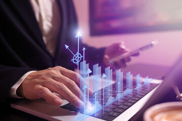 Businessman analyzing and calculating financial data for long term investment growth goals and...