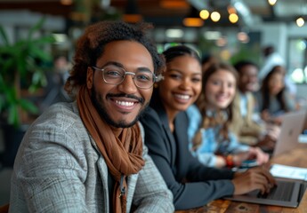  Diverse business team smiling at camera while working on laptop in conference room. 