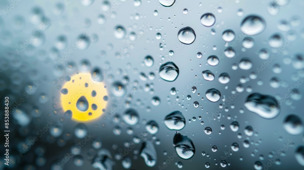 Poster raindrops on window: water droplets on clear glass with a diffuse background, symbolizing weather or