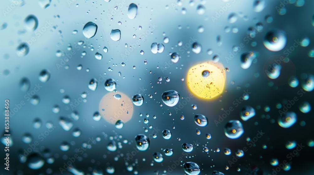 Poster raindrops on window: water droplets on clear glass with a diffuse background, symbolizing weather or