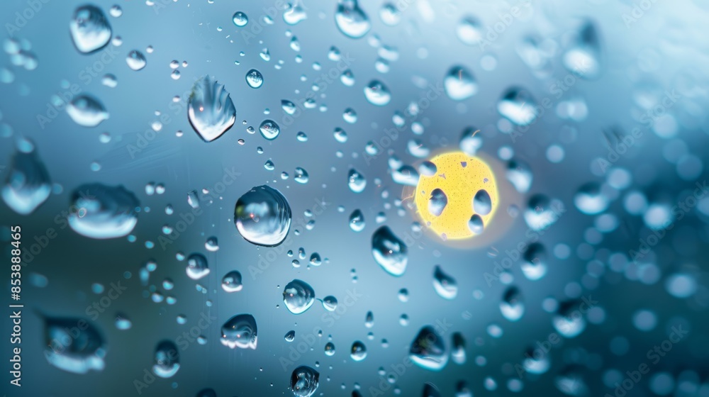 Poster raindrops on window: water droplets on clear glass with a diffuse background, symbolizing weather or