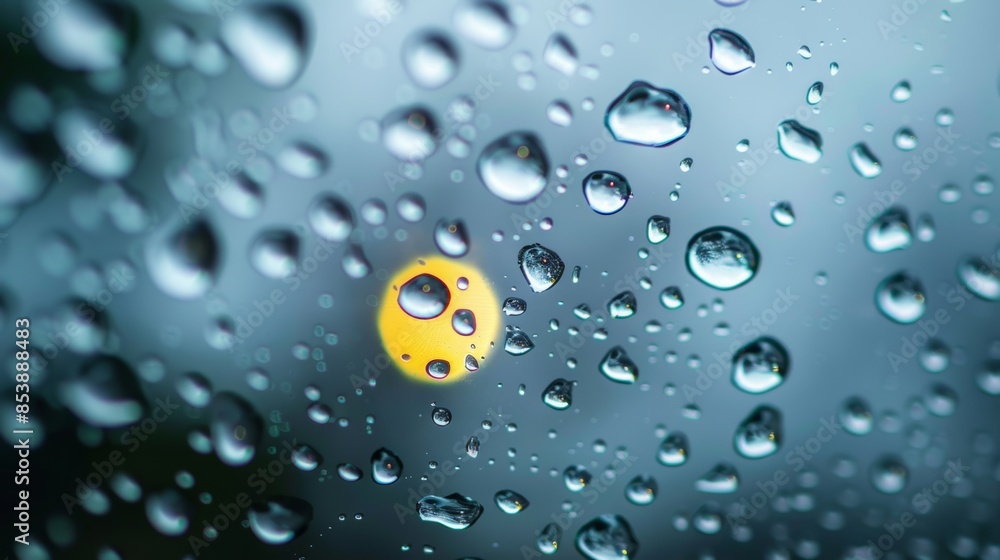 Poster raindrops on window: water droplets on clear glass with a diffuse background, symbolizing weather or