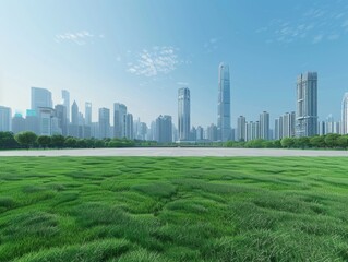 Obraz premium Beautiful green grass on the square, with skyline buildings in Shenzhen behind it