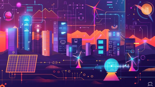 Futuristic cityscape with neon lights, technology elements, wind turbines, solar panels, and network connections, showcasing sustainable innovation.