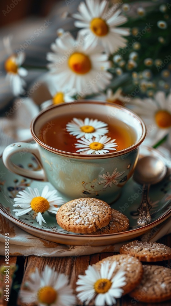 Poster  a beautiful cup of tea with chamomile surrounded, with a tea spoon of silver, a cookie next to them. 