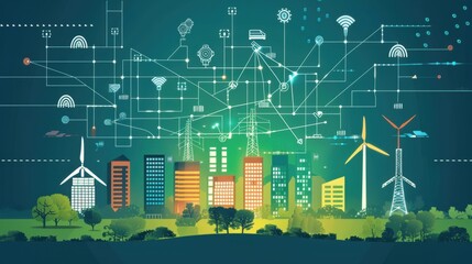 Futuristic cityscape with smart technology and renewable energy sources, showcasing innovation in urban development and sustainability.