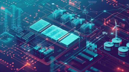 Futuristic concept art depicting advanced energy grid with artificial intelligence technology, sustainable energy sources, and smart infrastructure.