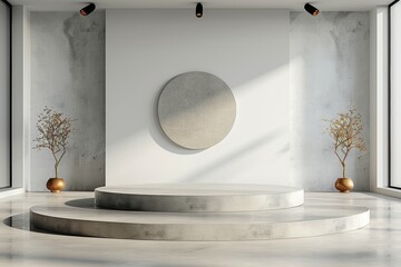An empty exhibition space with a pedestal, featuring a modern and minimalist design, set against a plain studio background, concept of a product presentation 