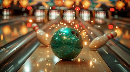  top view close up of a green bowling ball hitting the pins, throwing the pins into the air with glitter 