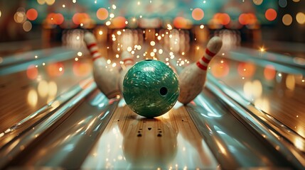  top view close up of a green bowling ball hitting the pins, throwing the pins into the air with glitter 