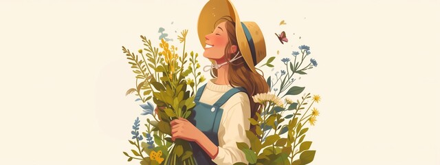 women with an armful of flowers, smiling, summer mood, illustration in banner format with space for text