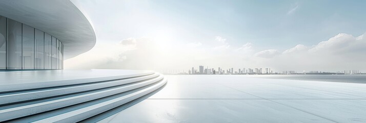 Fototapeta premium White background, curved floor with steps leading to the horizon, city skyline in distance, clear sky with sun shining overhead, modern architectural style, minimalistic design elements, high resoluti