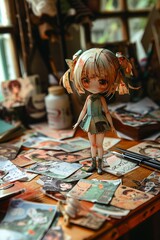 Fototapeta premium Candy anime girl paper doll lies on table next to paper clothes lies on children's table scissors nearby, creative process 