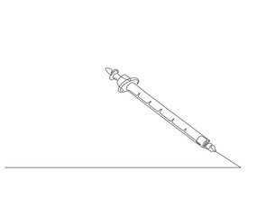 Continuous one line drawing of medical syringe. One line drawing illustration of injection syringe. Vaccine, World health day concept Single line. Editable outline.