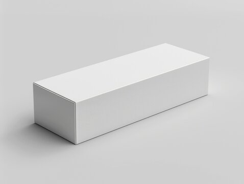 The packaging mockup box is white, made of thick cardboard, rectangular in shape, narrow and long horizontally.