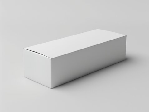 The packaging mockup box is white, made of thick cardboard, rectangular in shape, narrow and long horizontally.