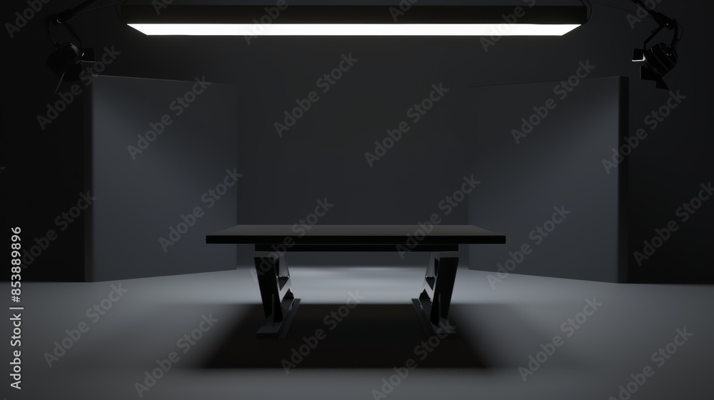Poster studio for a show, a table in the center of the frame. in a minimalistic design