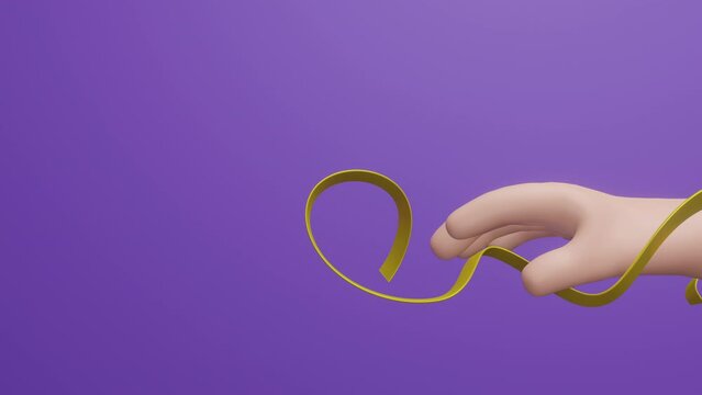 3D hand holding yellow ribbon for world suicide prevention day concept. Childhood, Sarcoma, bone and bladder cancer awareness month, Yellow ribbon for supporting people life and illness. 3d animation