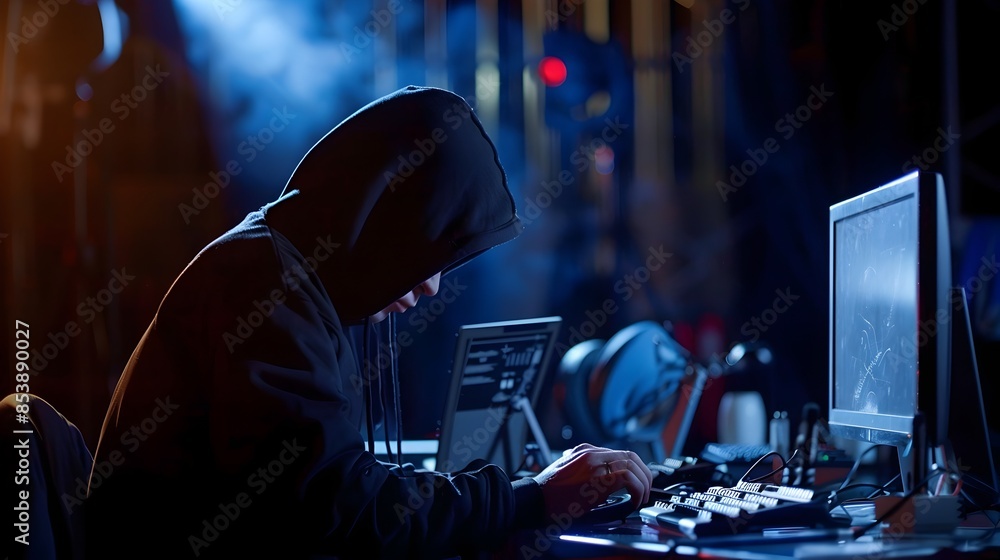 Poster hacker in black hoodie working on computer for cybersecurity breach