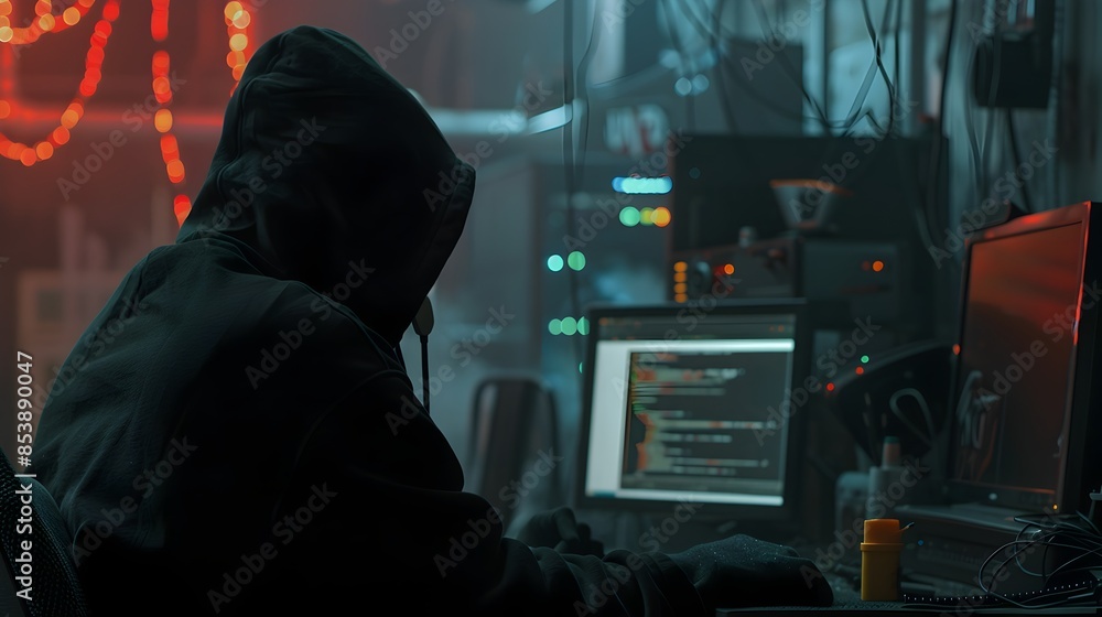 Poster hacker in black hoodie breaching cybersecurity system on computer