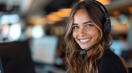  Beautiful woman call center employee, brunette hair, black long sleeve blank shirt, beautiful smile