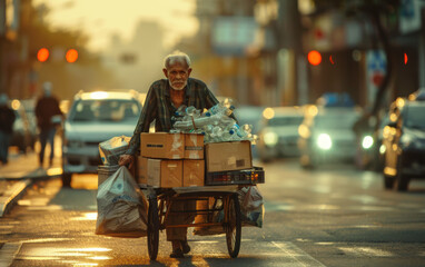 A man is pushing a cart full of trash on a city street
