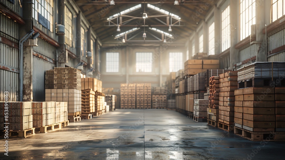 Poster Numerous boxes in warehouse with multiple windows